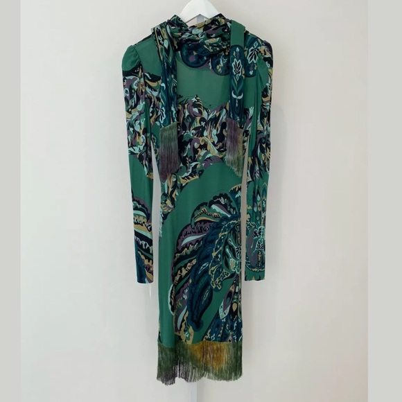 EMILIO PUCCI GREEN PRINTED FRINGE DRESS MODEL 17RG89 IT 46 / US 12 NWTS!